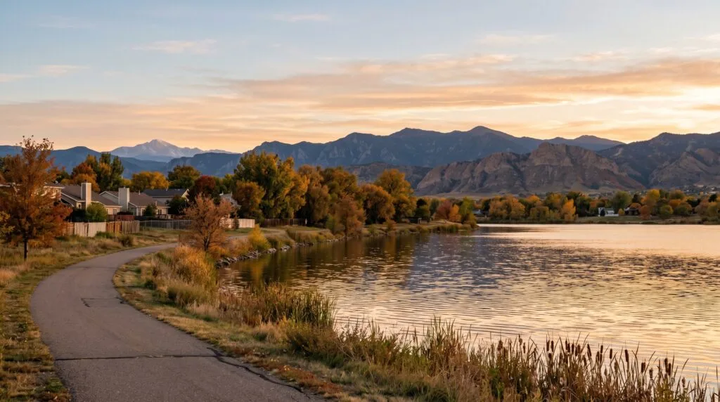 Lake Loveland at sunset with the Front Range foothills behind it and a curving lakeside path, the iconic view that defines living in Loveland in Colorado.