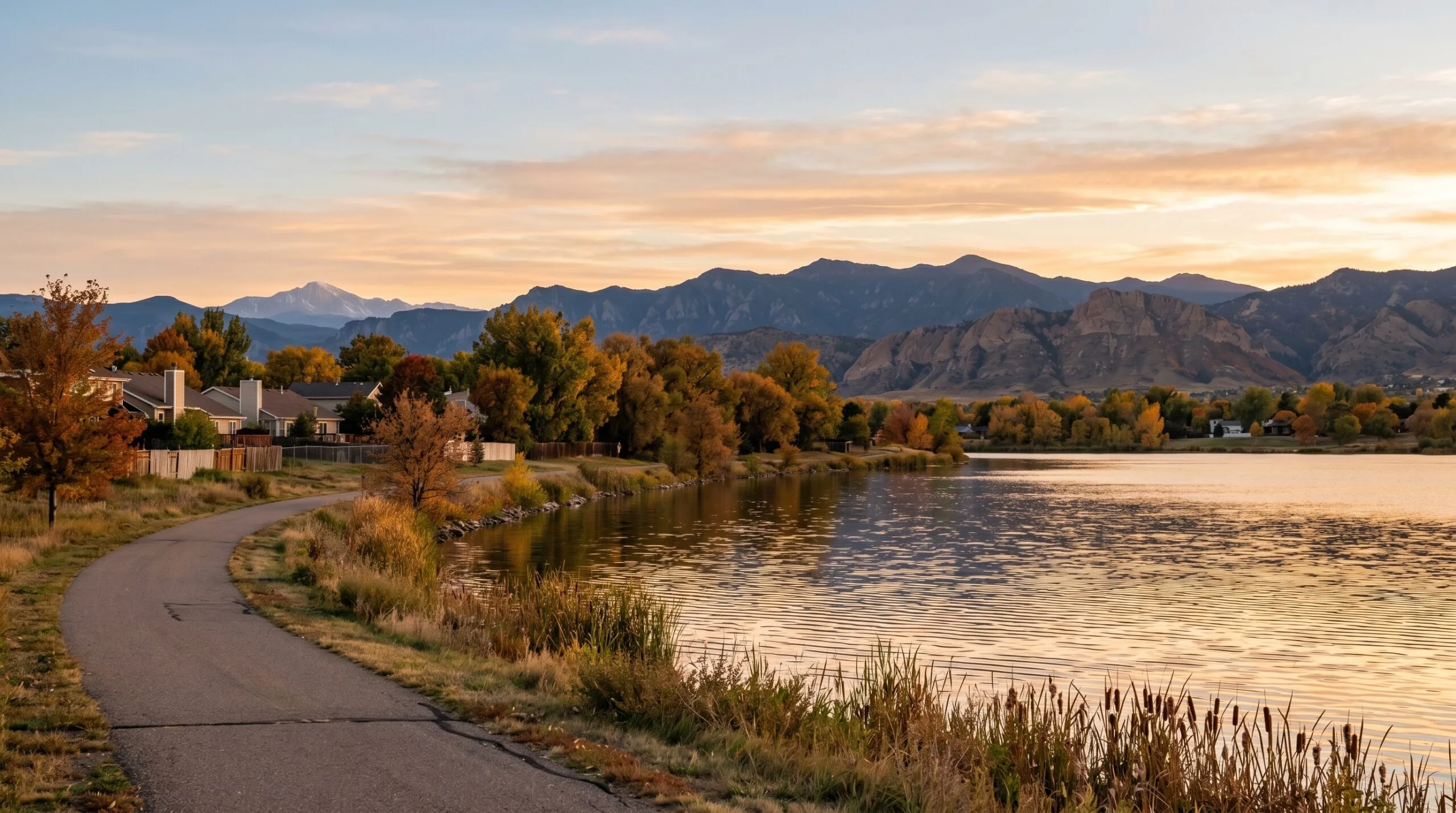 Lake Loveland at sunset with the Front Range foothills behind it and a curving lakeside path, the iconic view that defines living in Loveland in Colorado.