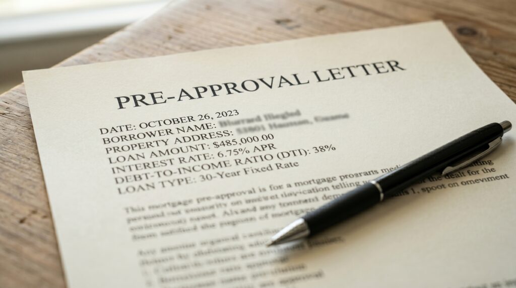 Mortgage pre-approval letter showing loan amount, interest rate, and debt-to-income ratio fields used to determine Colorado home affordability under the 28/36 rule