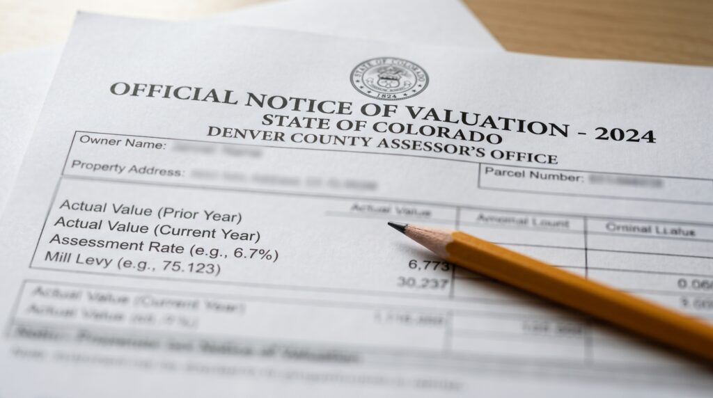 Official Notice of Valuation from a Colorado county assessor showing actual value, assessment rate, and mill levy fields used to calculate property tax by county