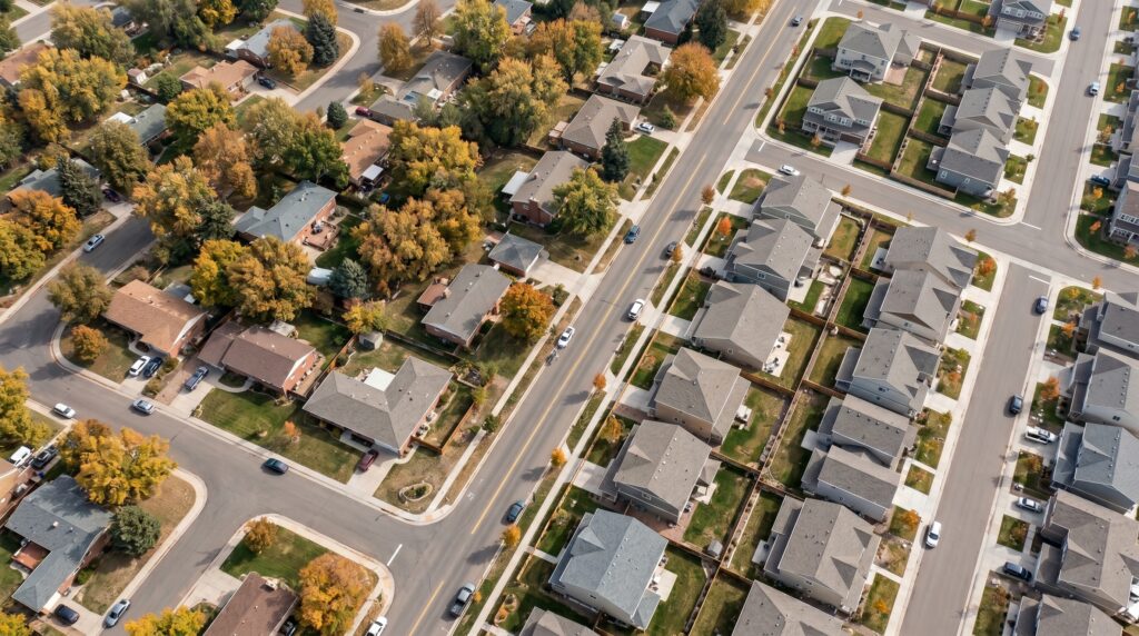 Aerial view of two distinct Colorado neighborhoods meeting at a street boundary, illustrating how Colorado county property tax mill levies and metro districts differ between adjacent areas