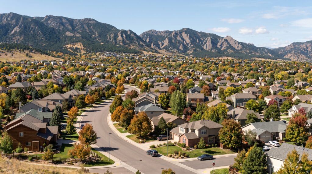 Wide aerial view of a Colorado Front Range residential neighborhood with the Flatirons in the background, illustrating the geography that drives property tax rates across Colorado counties