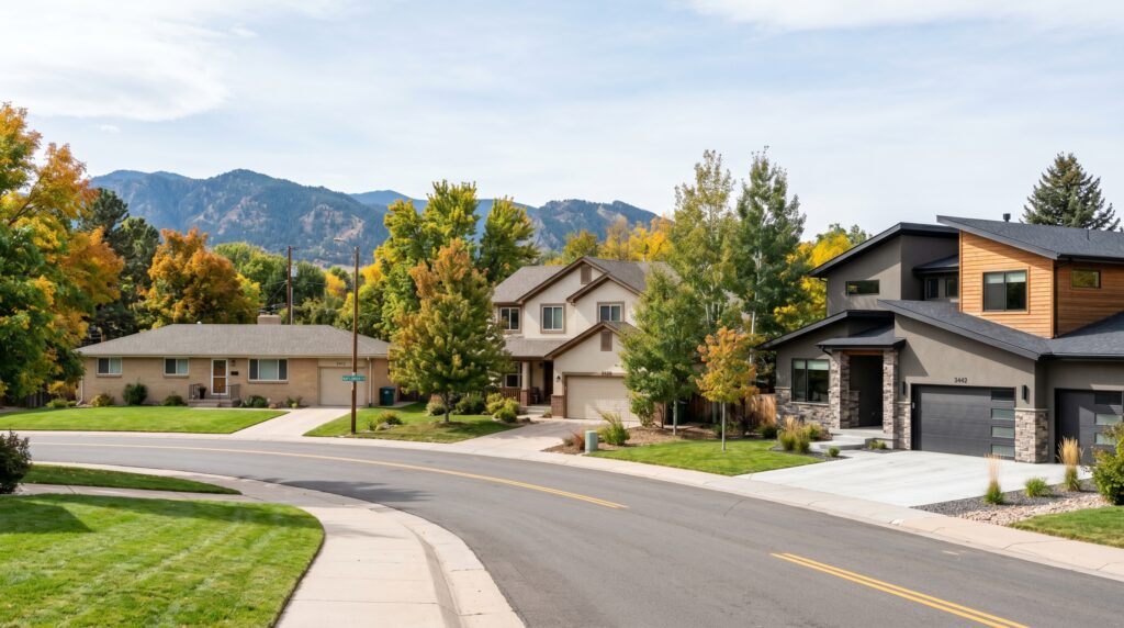 Colorado Front Range residential street with a brick ranch, mid-sized two-story stucco home, and a contemporary home, illustrating different price tiers when asking how much house you can afford in Colorado