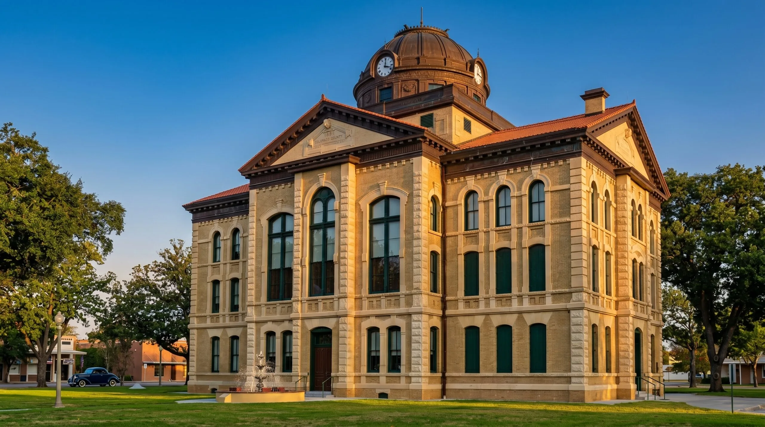 Historic Colorado county courthouse at golden hour, central building referenced in the Colorado property tax rates by county guide