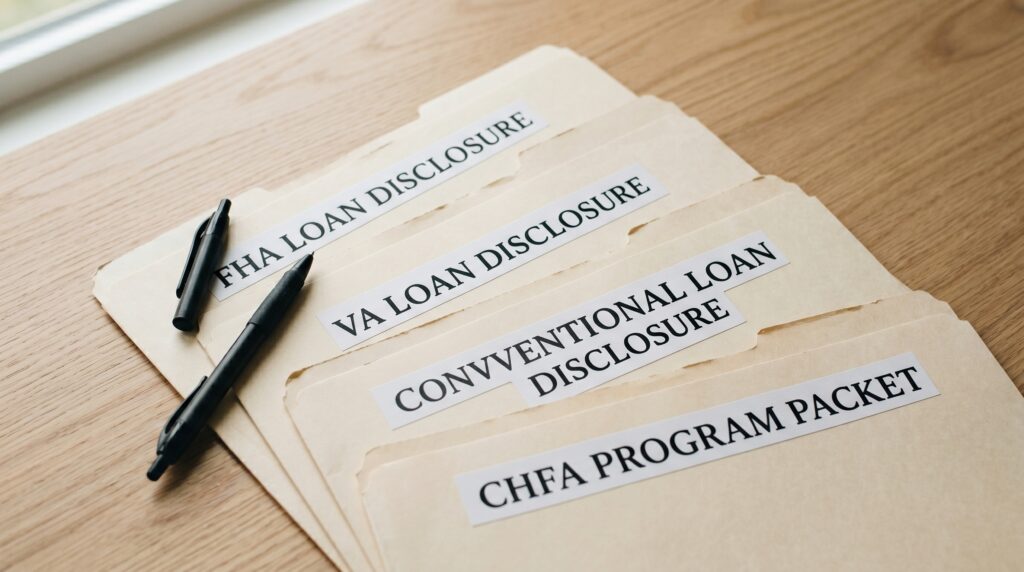 Loan disclosure folders for Colorado first-time buyer requirements: FHA, VA, Conventional, and CHFA program options