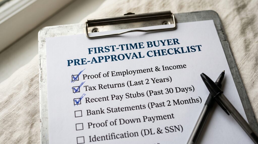 First-time buyer Colorado requirements pre-approval checklist: employment, tax returns, pay stubs, bank statements, ID