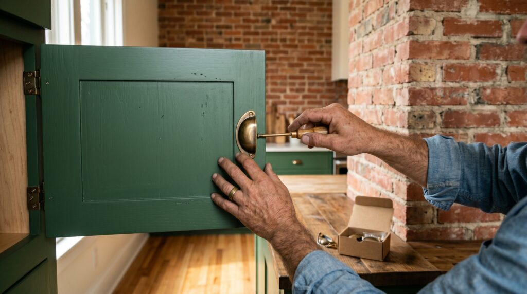 Craftsman installing antique brass cup pull on forest-green shaker cabinet in renovated old Colorado home kitchen