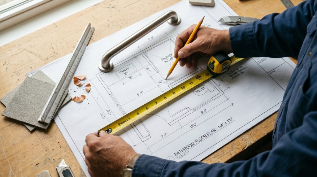 Aging in place remodeling Colorado: contractor measuring a bathroom floor plan with grab bar and flooring samples