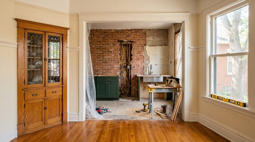 Old home renovation ideas in a Colorado Craftsman: preserved oak built-in china cabinet beside mid-renovation kitchen