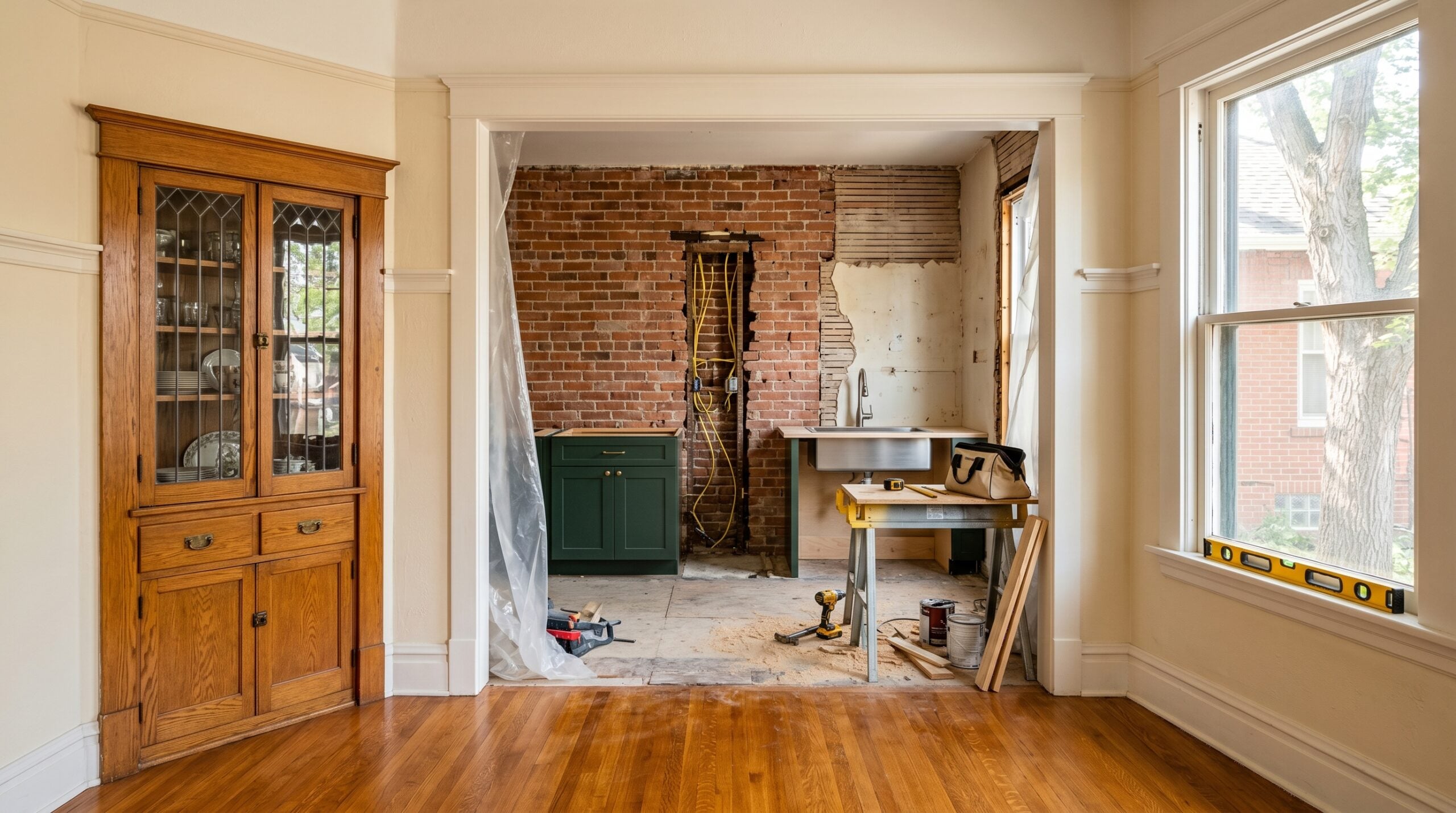 Old home renovation ideas in a Colorado Craftsman: preserved oak built-in china cabinet beside mid-renovation kitchen