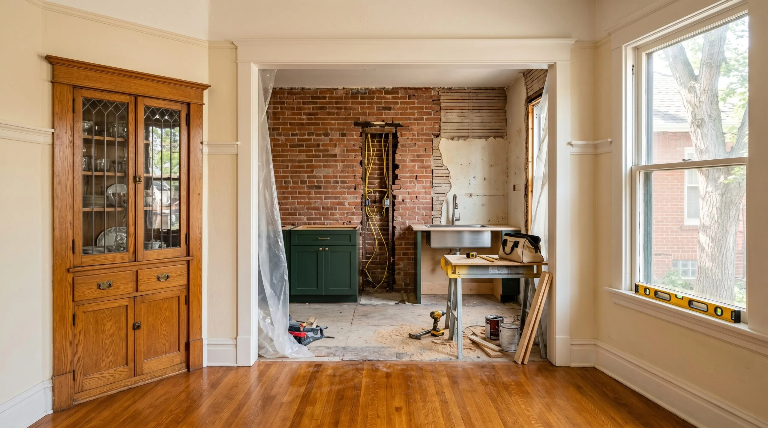 Old home renovation ideas in a Colorado Craftsman: preserved oak built-in china cabinet beside mid-renovation kitchen