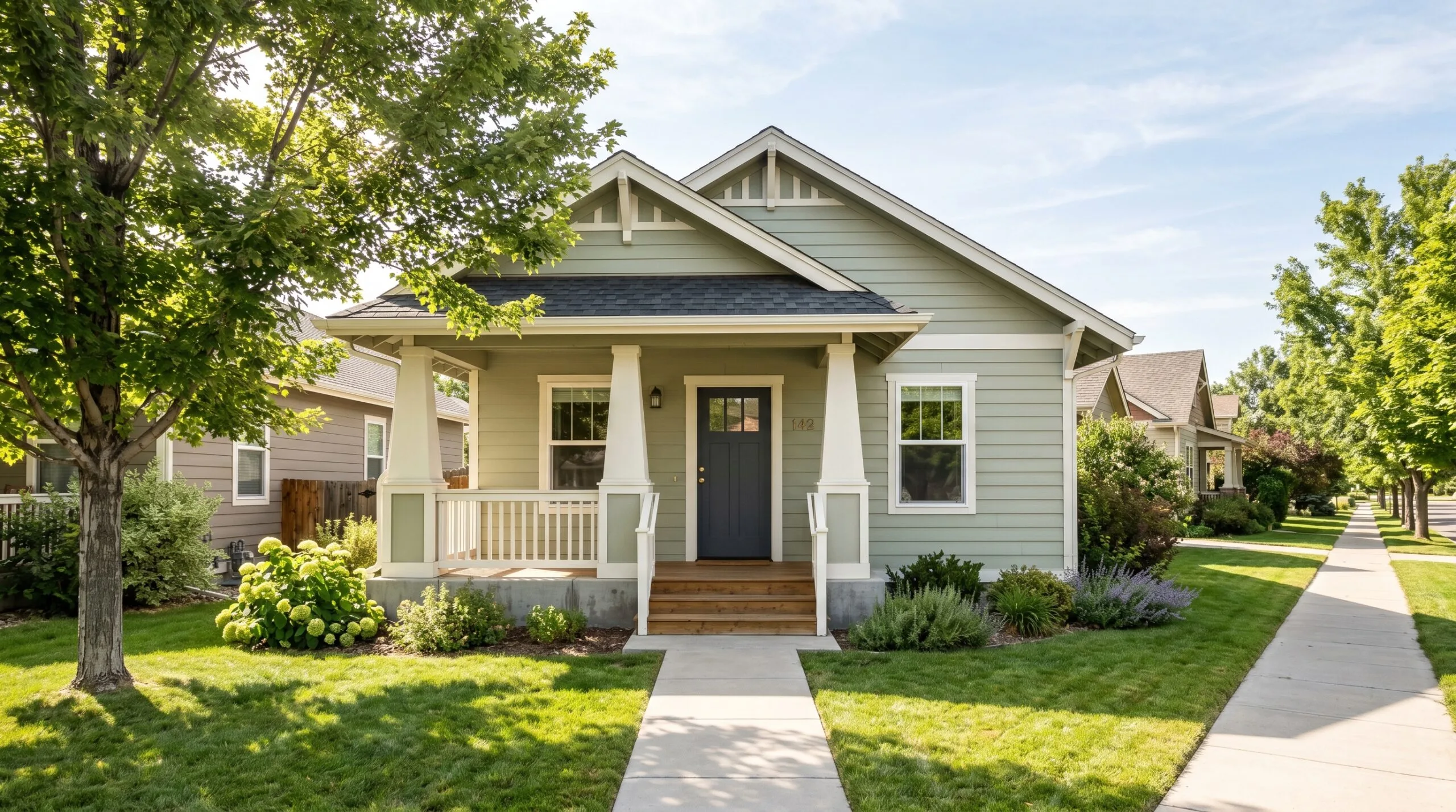 First-time home buyer Colorado requirements guide: sage green Craftsman bungalow starter home with covered front porch