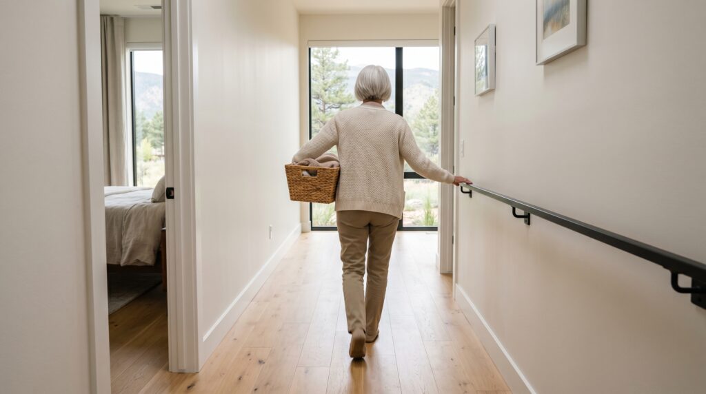 Aging in place wide hallway design: continuous flooring, hip-height handrail, no thresholds, and Front Range views