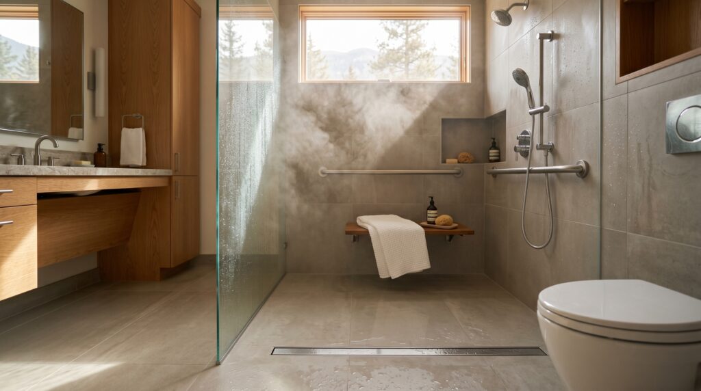 Aging in place remodeling bathroom: curbless walk-in shower with linear drain, grab bars, fold-down seat, post-shower steam