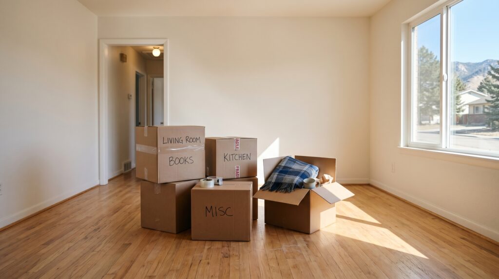 Empty living room with moving boxes labeled Living Room, Kitchen, and Misc on a first-time home buyer Colorado move-in day