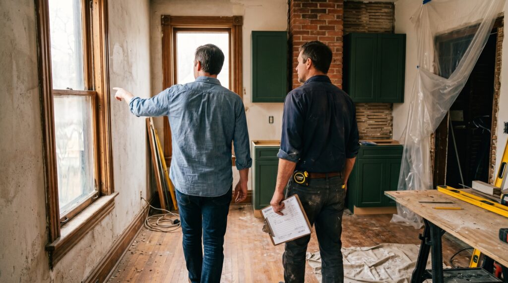 Homeowner and contractor reviewing old home renovation costs on-site in a mid-renovation Colorado kitchen with exposed brick