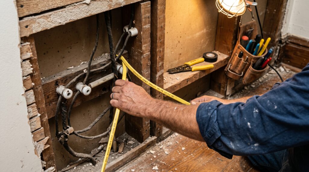 Electrician pulling new Romex through opened wall cavity showing original knob-and-tube wiring in old home
