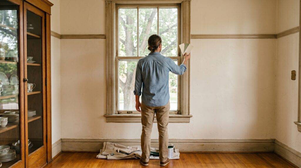 Homeowner comparing paint samples against original wood window casing in an old Colorado home dining room