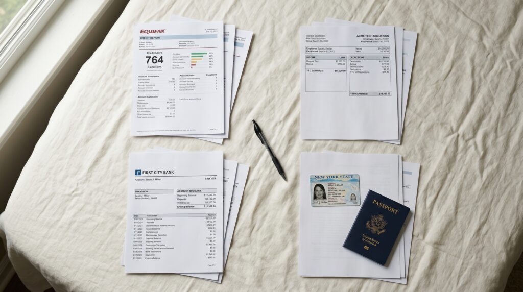 Document stacks for Colorado first-time home buyer requirements: credit report, pay stub, bank statement, ID, passport